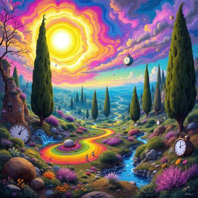 The primary subject of the image is a colorful landscape featuring a rainbow, a clock, and a sun. The setting is a lush, vibrant garden with a river flowing through it. The visual style is a combination of digital art and illustration, creating a whimsical and imaginative atmosphere. The dominant colors are pink, purple, and yellow, which contribute to the overall mood of the scene.
